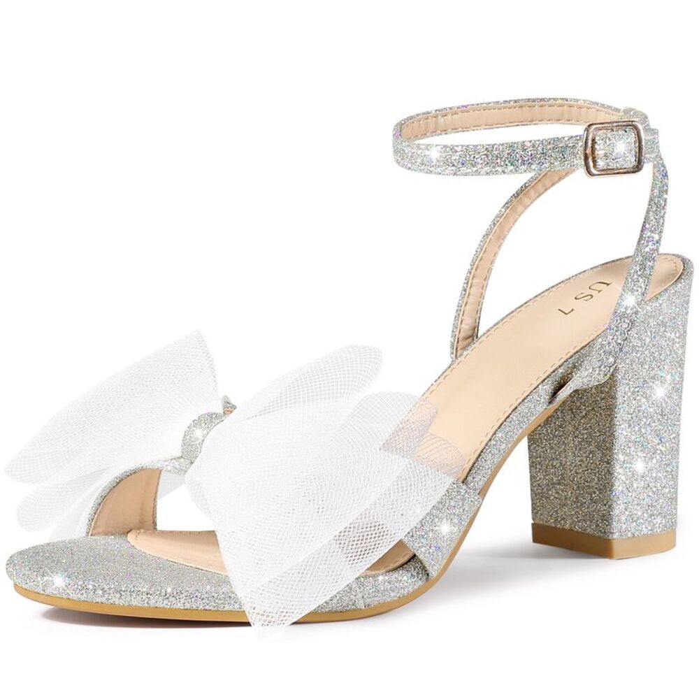Glitter Heel Mesh Bow Chunky High Heel Sandal Silver